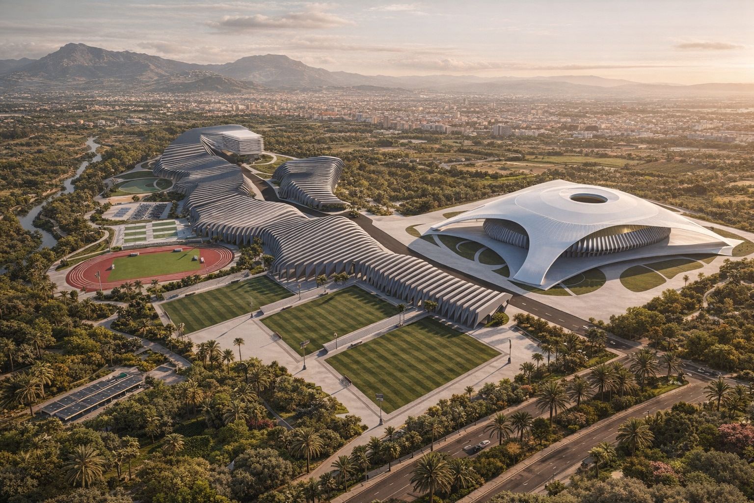 Vista aérea del complejo Murcia Arena con estadio, pistas deportivas y zonas verdes