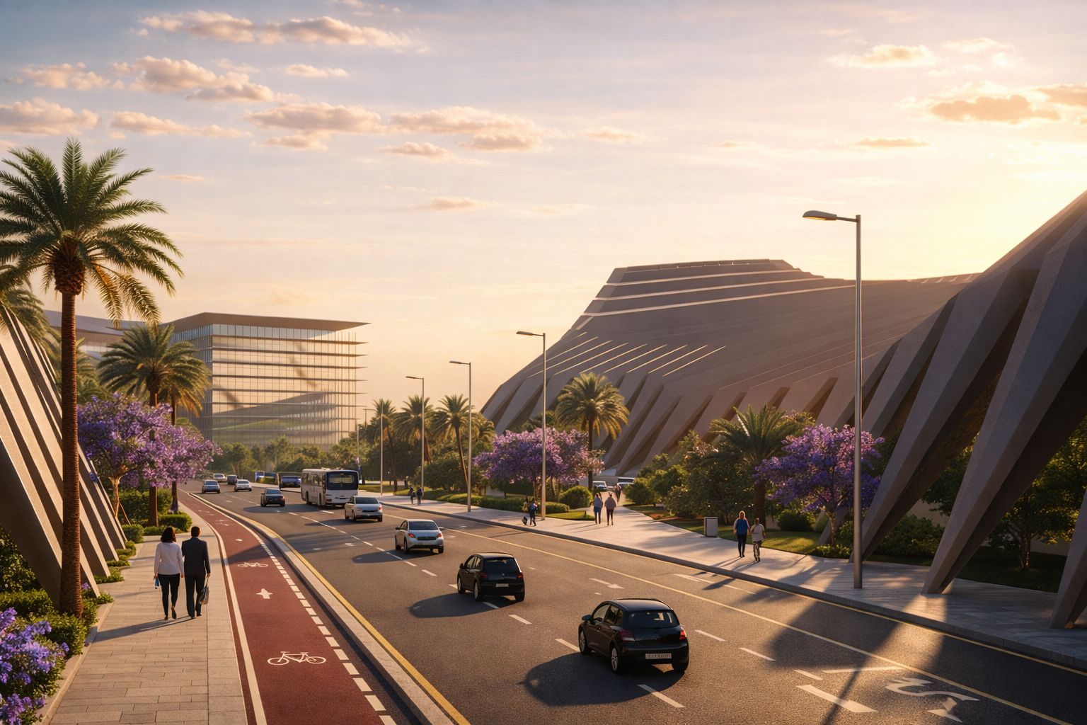 Acceso principal al complejo Murcia Arena con avenida y palmeras