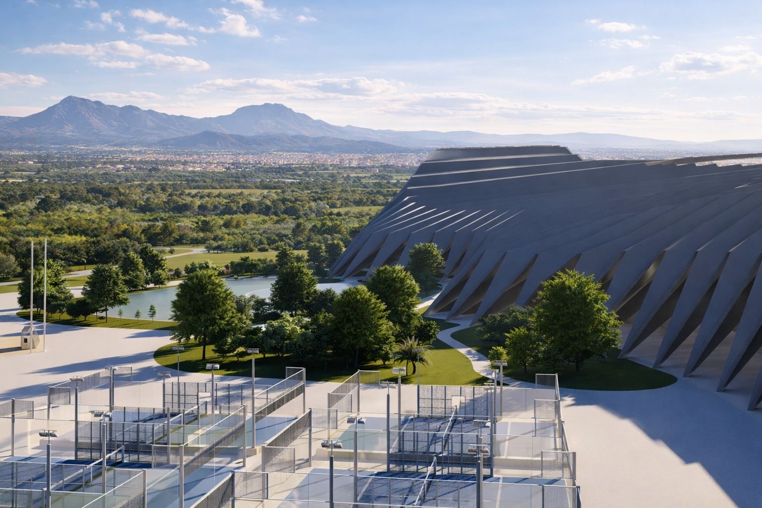 Pistas de pádel exteriores con vistas a las montañas y el complejo